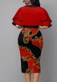 Women Summer Printed Vintage Bow Short Sleeves Cascading Ruffle Pencil Midi Dress