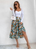 Women Summer Printed Romantic High Waist Elastic Waist Floral Print Midi A-Line Skirts