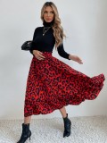 Women Summer Printed Modest High Waist Elastic Waist Leopard Print Midi A-Line Skirts