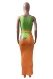 Women Summer Contrast Color Sexy Sleeveless Hollow Out MidiTwo Piece Skirt Set