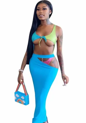 Women Summer Contrast Color Sexy Sleeveless Hollow Out MidiTwo Piece Skirt Set