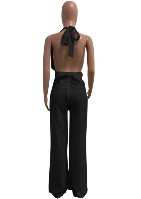Women Summer Black Formal Halter Sleeveless Solid Backless Jumpsuit