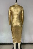 Women Spring Gold Sexy O-Neck Full Sleeves Solid Hollow Out Midi Plus Size Party Dress