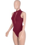 Women Summer Burgunry Sexy O-Neck Sleeveless Solid Zippers Bodysuit