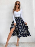 Women Summer Printed Romantic High Waist Elastic Waist Floral Print Midi A-Line Skirts