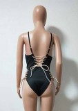 Women Black Halter Plunge Neck Solid Lace Up One Piece Swimsuit