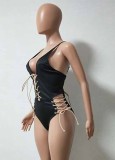 Women Black Halter Plunge Neck Solid Lace Up One Piece Swimsuit