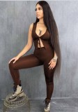 Women Summer Brown Sports Sleeveless Solid Skinny Two Piece Pants Set