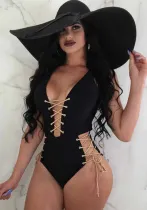 Women Black Halter Plunge Neck Solid Lace Up One Piece Swimsuit