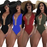 Women Blue Halter Plunge Neck Solid Lace Up One Piece Swimsuit