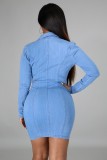 Women Spring Dark Blue Casual Turn-down Collar Full Sleeves Solid Denim Zippers Mini Bodycon Dress