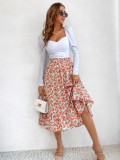 Women Summer Printed Sweet High Waist Elastic Waist Floral Print Midi A-Line Skirts