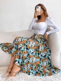 Women Summer Printed Romantic High Waist Elastic Waist Floral Print Midi A-Line Skirts