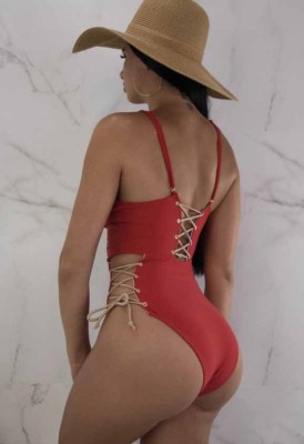 Women Red Halter Plunge Neck Solid Lace Up One Piece Swimsuit