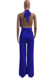 Women Summer Blue Formal Halter Sleeveless Solid Backless Jumpsuit