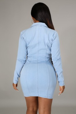 Women Spring Light Blue Casual Turn-down Collar Full Sleeves Solid Denim Zippers Mini Bodycon Dress