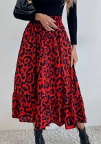 Women Summer Printed Modest High Waist Elastic Waist Leopard Print Midi A-Line Skirts