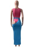 Women Summer Contrast Color Sexy Sleeveless Hollow Out MidiTwo Piece Skirt Set