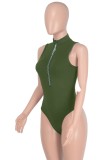 Women Summer Green Sexy O-Neck Sleeveless Solid Zippers Bodysuit