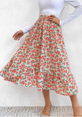 Women Summer Printed Sweet High Waist Elastic Waist Floral Print Midi A-Line Skirts
