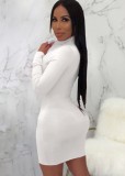 Women Spring White Sexy Turn-down Collar Full Sleeves Solid Zippers Mini Bodycon Dress