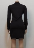 Women Spring Black Sexy Turn-down Collar Full Sleeves Solid Zippers Mini Bodycon Dress