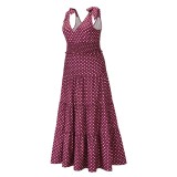 Women Summer Rose Romantic V-neck Sleeveless Dot Print Ruffles Maxi Dress