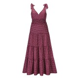 Women Summer Rose Romantic V-neck Sleeveless Dot Print Ruffles Maxi Dress