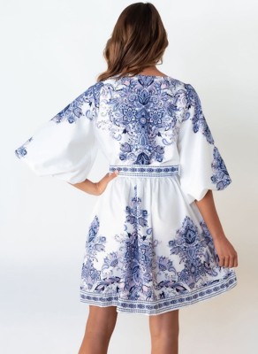 Women Summer Blue Vintage V-neck Half Sleeves Floral Print Mini Loose Holiday Dress