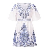 Women Summer Blue Vintage V-neck Half Sleeves Floral Print Mini Loose Holiday Dress