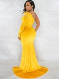 Women Spring Yellow Formal One Shoulder Full Sleeves Patchwork Velvet Beading Slit Mermaid Evening Dress