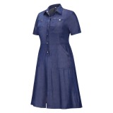 Women Summer Navy Blue Turn-down Collar Short Sleeves Solid Button Midi A-line Casual Dress