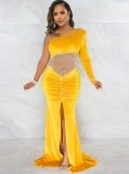 Women Spring Yellow Formal One Shoulder Full Sleeves Patchwork Velvet Beading Slit Mermaid Evening Dress