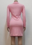 Women Spring Pink Sexy Turn-down Collar Full Sleeves Solid Zippers Mini Bodycon Dress
