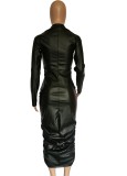 Women Spring Black Sexy Turn-down Collar Full Sleeves Solid PU Leather Zippers Pleated Midi Dress