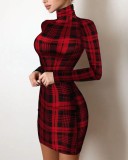 Women Spring Red Sexy Turtleneck Full Sleeves Plaid Print Mini Bodycon Dress