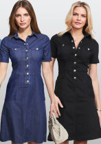 Women Summer Black Turn-down Collar Short Sleeves Solid Button Midi A-line Casual Dress