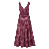 Women Summer Rose Romantic V-neck Sleeveless Dot Print Ruffles Maxi Dress