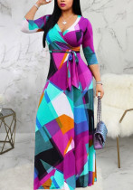 Women Spring Purple Sexy V-neck Full Sleeves Geometric Print Belted Maxi Dress
