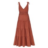 Women Summer Orange Romantic V-neck Sleeveless Dot Print Ruffles Maxi Dress