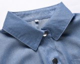 Women Summer Blue Turn-down Collar Short Sleeves Solid Button Midi A-line Casual Dress