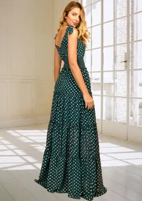 Women Summer Green Romantic V-neck Sleeveless Dot Print Ruffles Maxi Dress