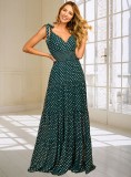 Women Summer Green Romantic V-neck Sleeveless Dot Print Ruffles Maxi Dress