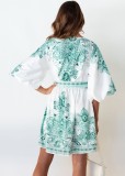 Women Summer Green Vintage V-neck Half Sleeves Floral Print Mini Loose Holiday Dress