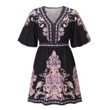 Women Summer Black Vintage V-neck Half Sleeves Floral Print Mini Loose Holiday Dress