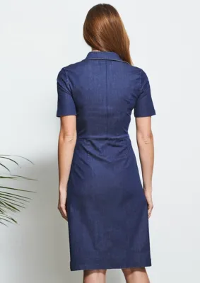 Women Summer Navy Blue Turn-down Collar Short Sleeves Solid Button Midi A-line Casual Dress