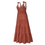 Women Summer Orange Romantic V-neck Sleeveless Dot Print Ruffles Maxi Dress