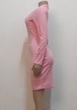 Women Spring Pink Sexy Turn-down Collar Full Sleeves Solid Zippers Mini Bodycon Dress