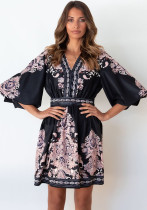 Women Summer Black Vintage V-neck Half Sleeves Floral Print Mini Loose Holiday Dress
