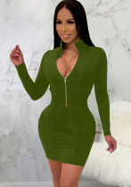 Women Spring Green Sexy Turn-down Collar Full Sleeves Solid Zippers Mini Bodycon Dress